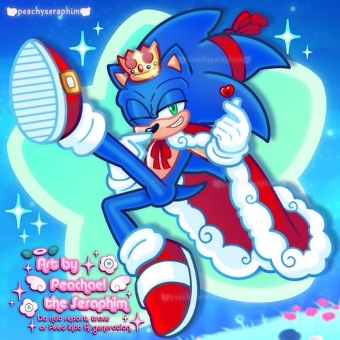 Sonic the Hedgehog winking with in a dynamic mid air pose kicking his foot up. One of his hands is pinching fingers into a heart like shape and have a lil heart above them. Sonic is wearing his birthday crown, red cape with fluffy white outline and a matching red ribbon on his middle quill