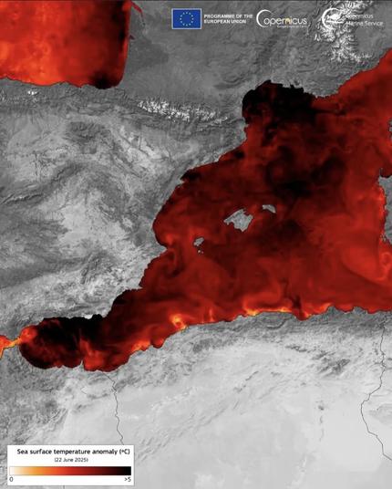 Karte vom Mittelmeer, Wassertemperatur je nach Region unterschiedlich rot eingefärbt.