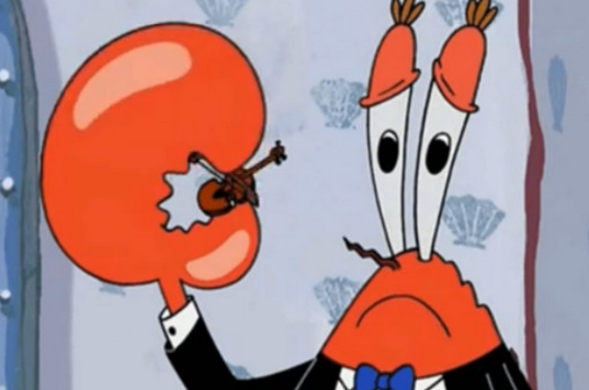 Cartoon character Mr. Krabs looks sad and plays a tiny violin.
