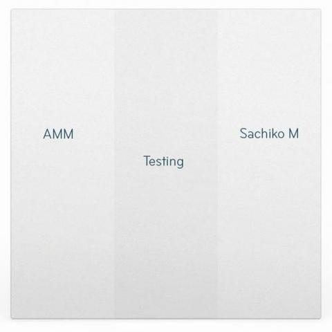 The cover of the CD ‘Testing’ by AMM with Sachiko M. The cover is off-white with the artists’ names left and right and the album title in a differently coloured off-white band in the centre of the square.