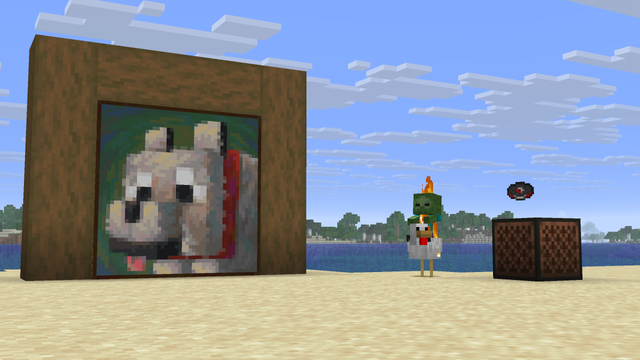 Left: Painting "Dennis"

Right: A burning chicken jockey; next to it a jukebox with the new "Dennis" disc floating above it.