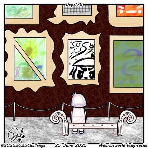 Drawing of Darlo sitting in an art gallery. There are a range of pictures, but hidden somewhere in the drawing is Darlo's parachute guy.
