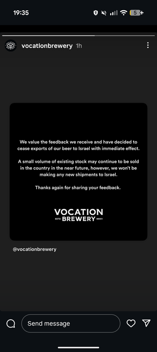 Post from Vocation Brewery announcing they'll stop supplying beer to a bar in Israel.