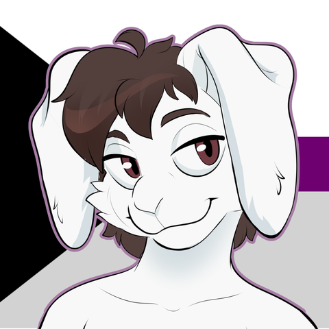A pride icon showing my hare fursona with white fur and brown hair and eyes on top of the demisexual flag.