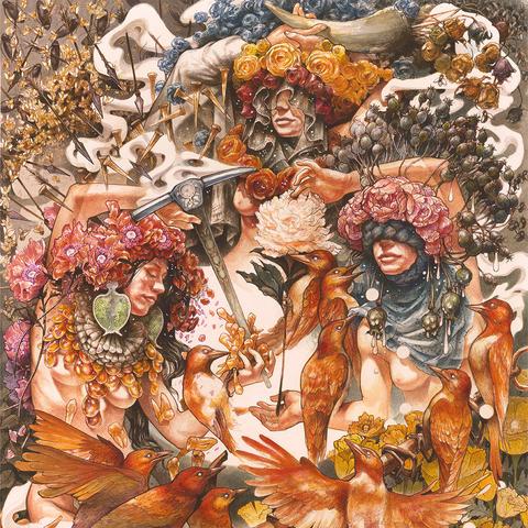 The illustration for the cover of “Grey & Gold”. It depicts three feminine figures surrounded by flowers, birds and tools. It is extremely rich and complex, making it difficult to describe accurately. It is painted in gold and copper hues.
