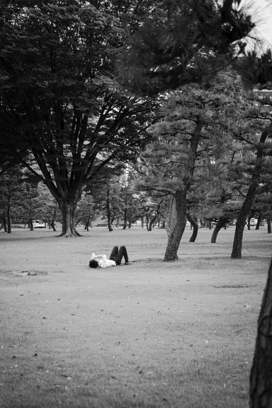 monochrome photo of a man in business clothing laying on the back on the grass of a park, with both hands on his head like he is totally stressed out
