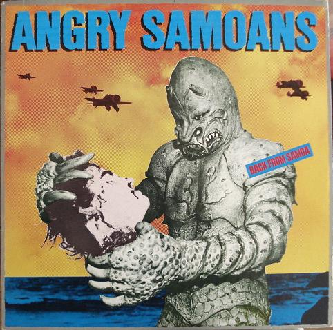The image features a cover art for an album titled "ANGRY SAMOANS." The background is a vibrant orange and yellow gradient, suggesting a sunset or sunrise, with silhouettes of fighter jets flying in the sky. In the foreground, a large, monstrous creature with a scaly, armored body and a grotesque face is holding a human head in its clawed hands. The creature's face is menacing, with sharp teeth and a wide, open mouth. The human head appears to be screaming, with hair disheveled and eyes wide open. The text "BACK FROM SAMOA" is prominently displayed in a blue and red banner across the image. The overall style is reminiscent of vintage sci-fi or horror movie posters.

Provided by @altbot, generated privately and locally using Ovis2-8B