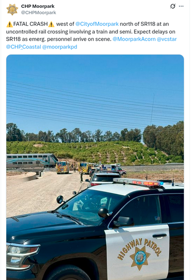 CHP FATAL CRASH

shows train (Amtrak or Metro) at an uncontrolled crossing, emergency vehicles everywhere