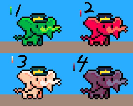 pixel art of an elephant in 4 different colour variations: green, red, pink, purple.