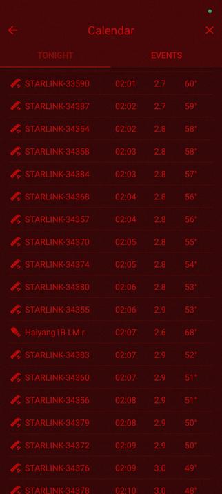 Screenshot einer Nachthimmel-Beobachtungs-App. Die lange Liste der sichtbaren Objekte besteht fast ausschließlich aus Vorbeiflügen von Starlink-Satelliten