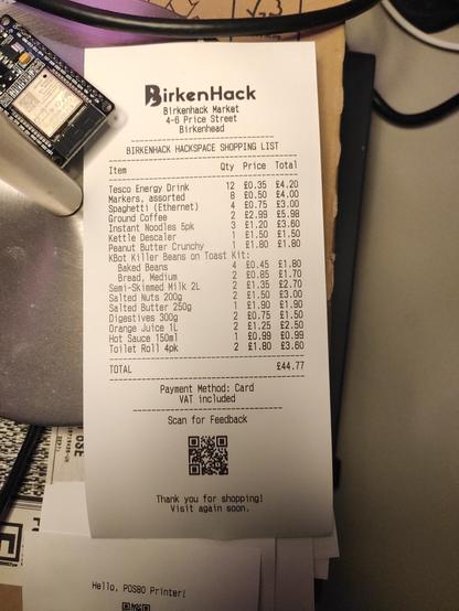 a birkenhack themed receipt, featuring many strange items such as beans on toast