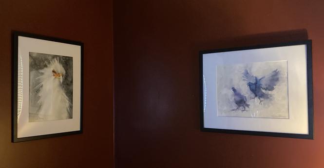 Secretary bird, pigeons.  Original art, white mat, red wall.
