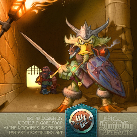 A full colour fantasy illustration of Quacknan the Marauder and his trusted companion, Bjord Bluntaxe as they take their leave from a cultist temple not quite empty-handed.