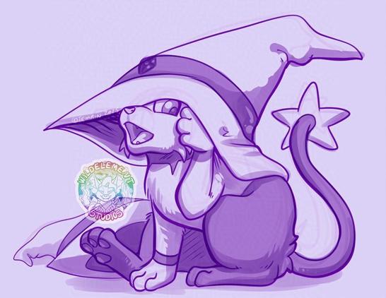 A purple monochrome sketch of a Shinx character, looking out happily from under a huge wizards hat. One of their paws is pushing the hat up so they can see out one eye as they smile, mouth open. There is a smaller hat behind them.