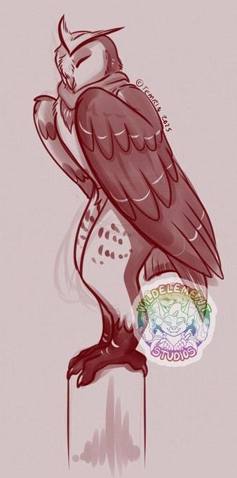 A semi humanoid owl character, with wing arms, perched on top of a pole, sleeping. Monochrome sketch in a brick red colour and a light background.