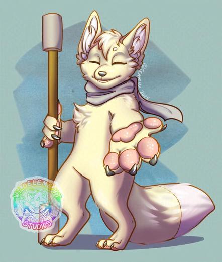 A toony kitsune/fox character who is a pale yellow with white markings, smiling at you with eyes closed, while they hold their staff and reach out their other hand to you. They are wearing a grey scarf and their tail poofs out behind them. background is a textured blue green.
