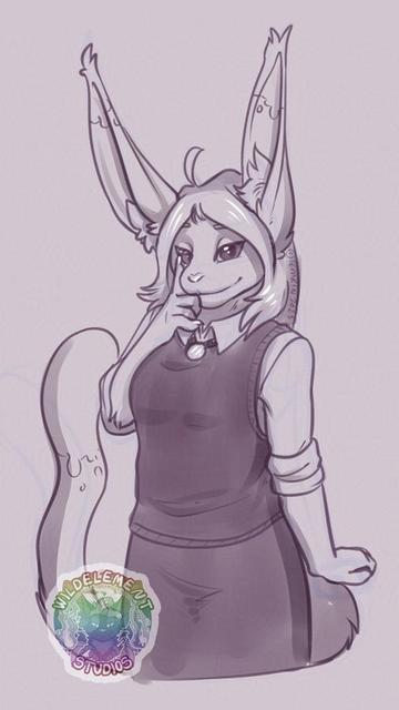 A pale maroon sketch on a light background, of a bunny/cat hybrud character with long ears, looking at you like they know something you don't and are amused about it. She is wearing a vest, over a blouse, with rolled up sleeves, and their tail is swivelled to their side.