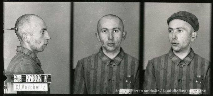 A mugshot registration photograph from Auschwitz. A man with a shaved head wearing a striped uniform photographed in three positions (profile and front with bare head and a photo with a slightly turned head with a hat on). The prisoner number is visible on a marking board on the left.