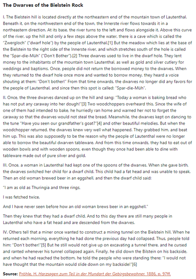 German folk tale "The Dwarves of the Bielstein Rock". Drop me a line if you want a machine-readable transcript!
