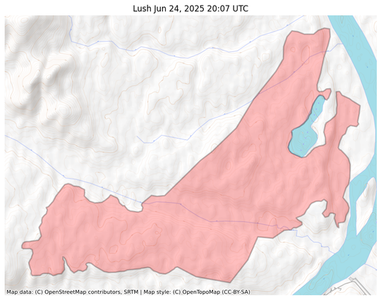Visual map representation of the Lush wildfire, showing the perimeters of the 6994.959297844106 acre fire on a map.