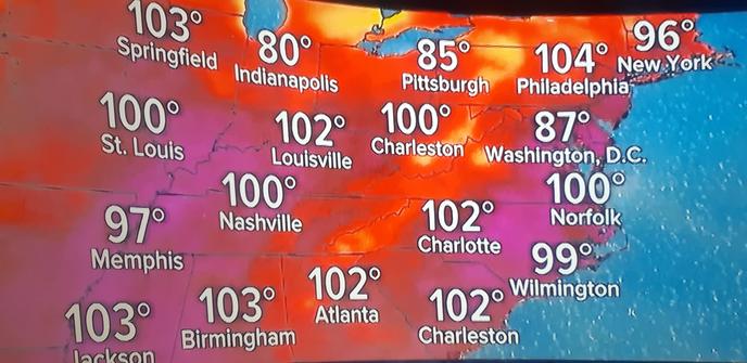 Map showing high temperatures across East coast US