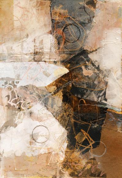 An abstract composition in dark brown and lighter shades up through white, with marks over top and peeking through in oranges and blacks.