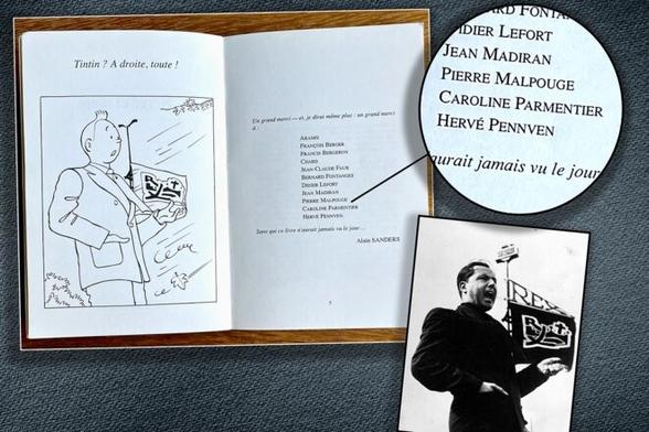 Caroline Parmentier fait partie du groupe de journalistes auteurs du livre collectif « Hergé et nous » à côté d’un dessin représentant le personnage de Tintin librement inspiré d’une photo d’un discours de Léon Degrelle. © Document Mediapart