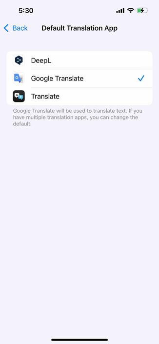 screenshot of an iPhone settings screen for setting the default translation app listing deepl and google translate and apple translate