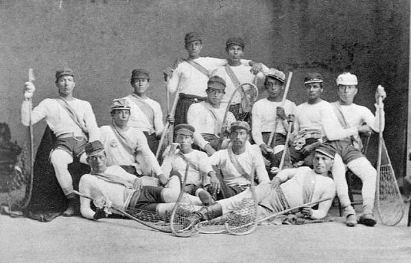 Lacrosse Champions
Men from Kanien‘kehнз:ka (Mohawk Nation) at Kahnawà:ke who were the Canadian lacrosse champions in 1869. Image courtesy of Library and Archives Canada/C-001959. en.