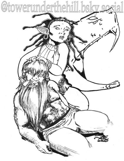 A lady gnome props up the head of an unconscious male dwarf. Her hair swirls around her head as she gazes pensively at something off-camera. A snake hisses in the background.