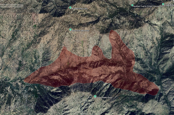 Red area near Mt. Waterman where hikers get lost