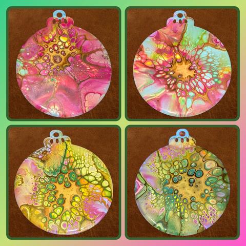 A collage with photos of four fluid art Shelee blooms on flat, round holiday ornaments. The colors are shades of green, yellow, and pink with gold and brown cell activators over a light blue base.
