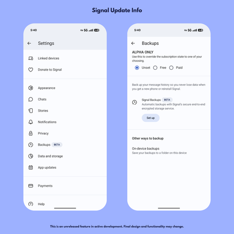 Two screenshots showing the new Cloud Backups feature in Signal. The first screenshot shows the "Backups BETA" setting in the main Settings screen. The second screenshot shows the Backup settings screen with an option to Set Up Signal Backups.