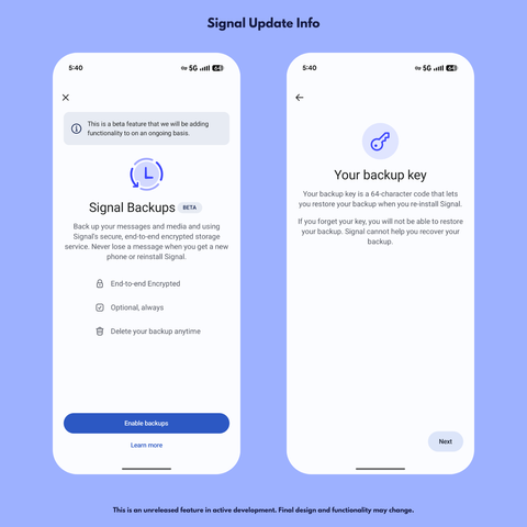 Two screenshots showing the new Cloud Backups feature in Signal. The first screenshot shows the intro screen for Signal backups. The second screenshot shows a screen with an explanation about Signal's backup key.