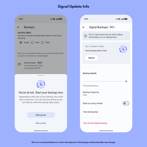 Two screenshots showing the new Cloud Backups feature in Signal. The first screenshot shows a popup which says that backups are setup. The second screenshot shows that a backup is in progress.