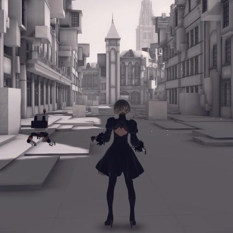 Android 2B, a woman in a dark dress, stands in a pale city.