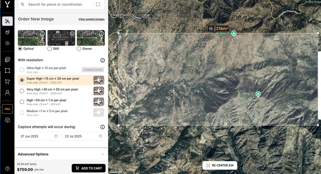Canyon below Mt. Waterman, imaging cost for super high resolution images