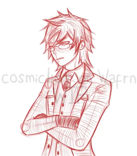 Digital sketch in red tones of Grell Sutcliff from Black Butler (in her junior era when she had short hair and the default glasses and uniform), drawn from the waist up. She is crossing her arms, looking away and scowling. The background is white.