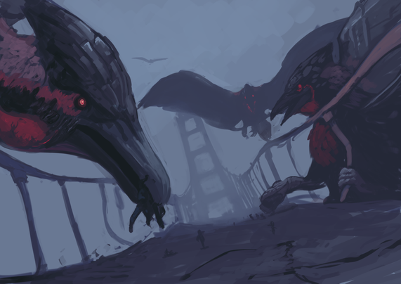 Black-red Rodans plucking people off a collapsing bridge