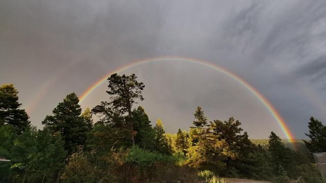 Monsoon (double) rainbow in the mountains of southern New Mexico. 

Photo intentionally slightly underexposed to make the rainbows stand out a little better against the storm clouds.

A wide angle lens was used to capture both rainbow arcs. The inner arc is rather bright, and the outer arc is rather faint. Inside the inner arc the sky background is slightly brighter.