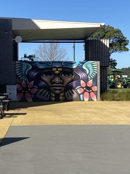A large mural on the side wall of the cafe. It looks like the face of some sort of supernatural or fantasy creature, perhaps an angel or a shaman. They have long purply black hair, similar coloured eyes and brown skin. The creature is either wearing a blue-green animal headdress or an animal is asleep on top of their head. There are blue-green wings off to either side - unclear if the creature's or the animal's. Pinkish flowers with eyes at their centres are on the left and right. Have no idea what's going on but i love it!