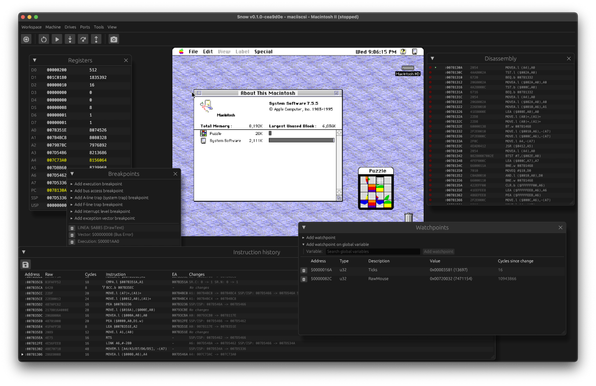 A screen capture of the new “Snow” Mac emulator, that came from its website. It depicts an emulated Mac in the centre of the main window, with a number of floating windows surrounding it: registers, breakpoints, instruction history, watchpoints, and disassembly.