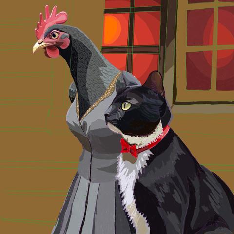 Gray hen in a gray dress standing with a tuxedo cat wearing a red bow tie. I need to draw one more ear for the cat and finish the background.