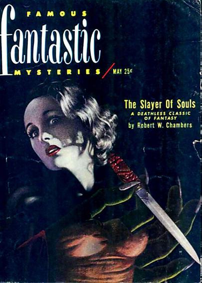 A woman looks terrified in the background, superimposed in the foreground is a huge green hand holding a dagger.
Famous Fantastic Mysteries magazine cover from 1951.