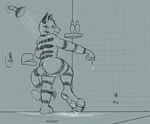 pinball in a shower, one paw lifted as if to make way as he points down for the viewer to see the smaller second shower at ankle height