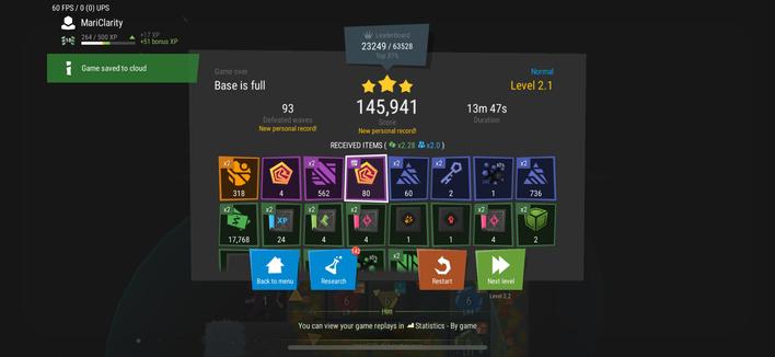 Play result in Infinitode 2. 
Level 2.1, Normal difficulty. 
93 waves, 145,941 points, 13 minutes and 47 seconds, 3/3 stars. 
Of note out of the loot is the daily loot: 80 Accelerators.
