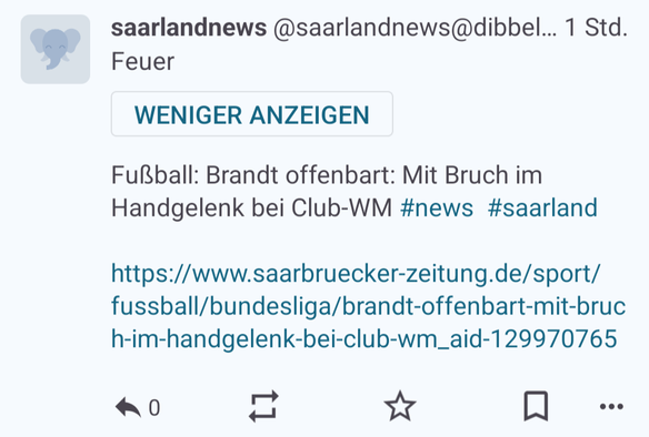 Screenshot eines Posts mit CW "Feuer". Im Artikel geht es um Fußball, der Name Brandt wird genannt.
