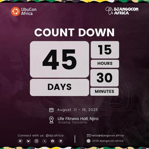 The Count Down to #DjangoConAfrica 2025 is ON. We're now 45 days 15 hours and 30 minutes to go.