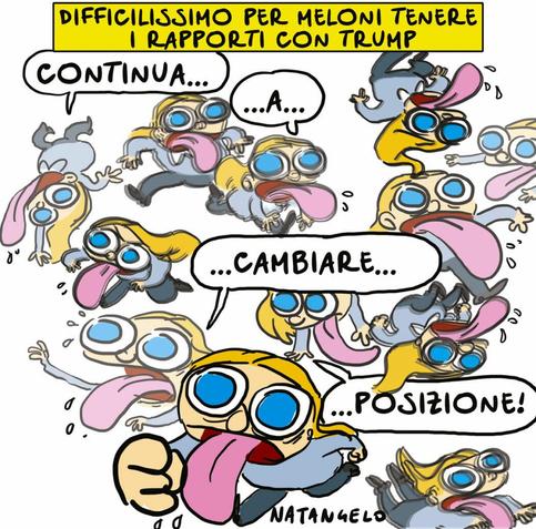 Nel disegno, Giorgia Meloni corre in giro per tutta la vignetta effettuando numerose acrobazie e con la lingua di fuori affermando: "Continua... a... cambiare... posizione!".
In alto, la didascalia recita: 'Difficilissimo per Meloni tenere i rapporti con Trump'.