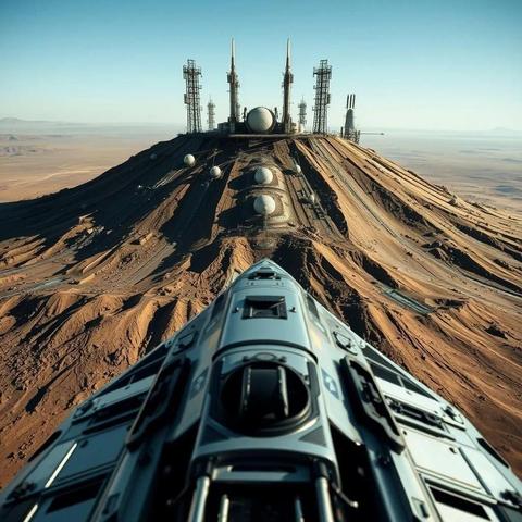 Image with seed 480922514 generated via Stable Diffusion through @stablehorde@sigmoid.social. Prompt: The shuttle’s forward cameras were focused on the terraforming engines, which were a pretty big thing to focus on. The structure was partially buried in the plain and formed a giant mound with skeletal metal towers, round things, and big tubes and whatever along its top ridge.